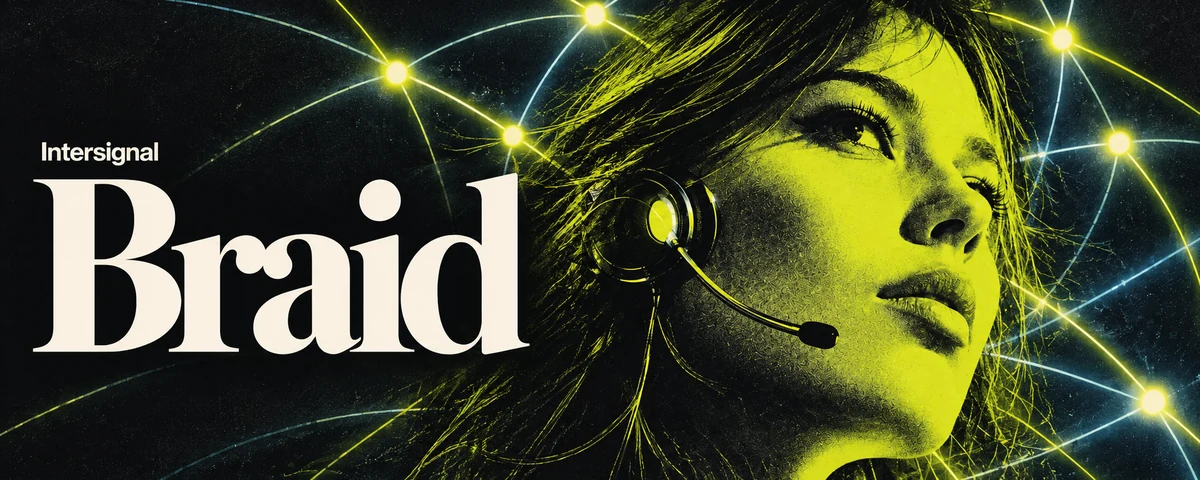 Retro Braid artwork with a headset-wearing woman and connected light paths