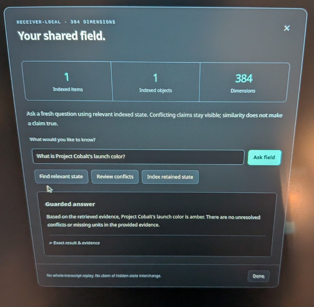 Photograph of Braid running on the Linux receiver: one indexed item, one indexed object, 384 dimensions, and a guarded answer identifying Project Cobalt's launch color as amber.